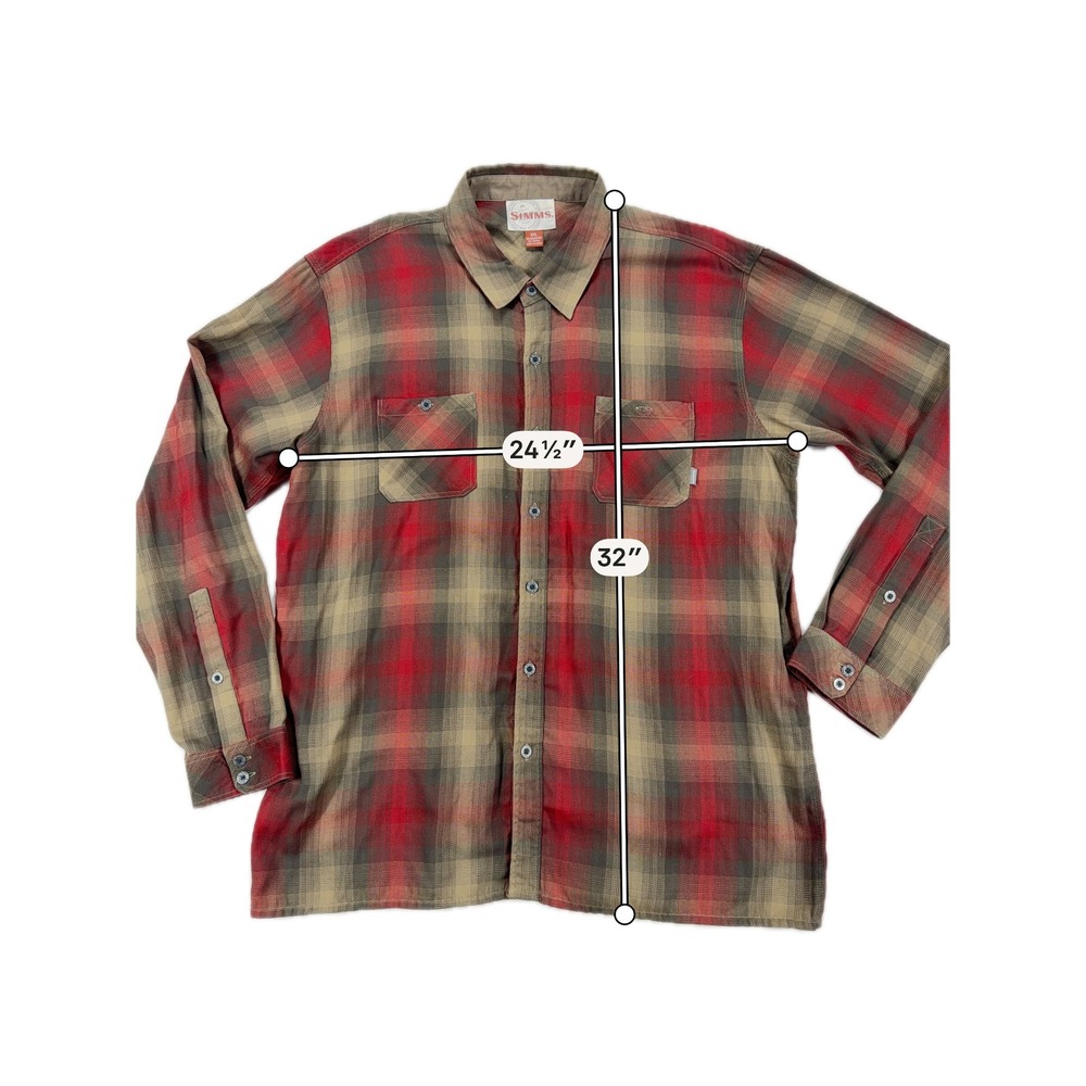 Simms Fishing Plaid Flannel Shirt Tencel Blend XXL Red Brown Herringbone Mens - Picture 7 of 8